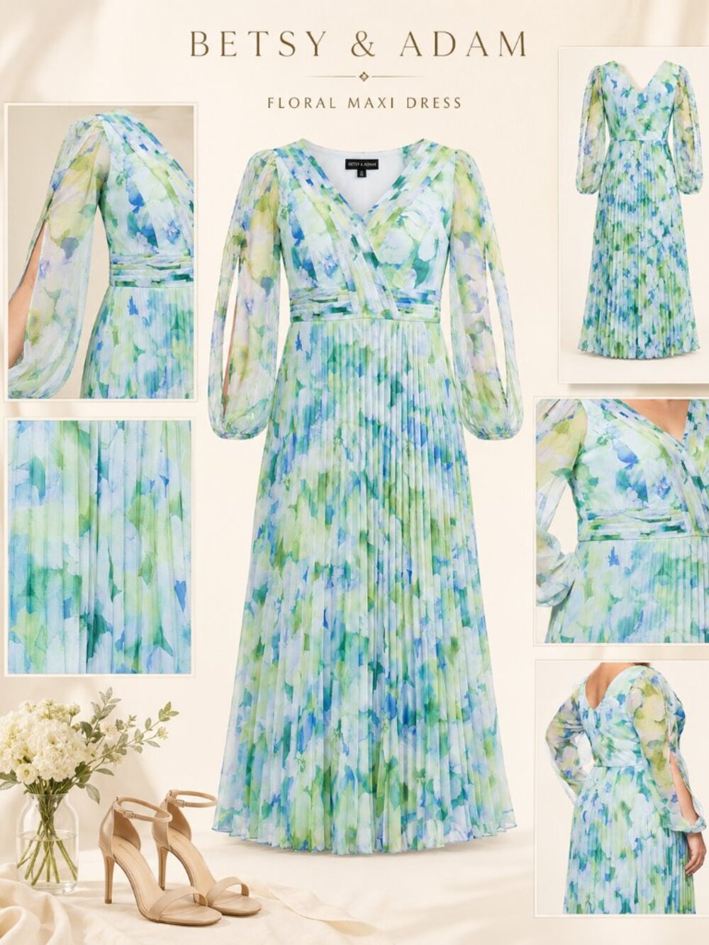 Betsy & Adam Blue Multi Printed Pleated Long-Sleeve Gown NWT